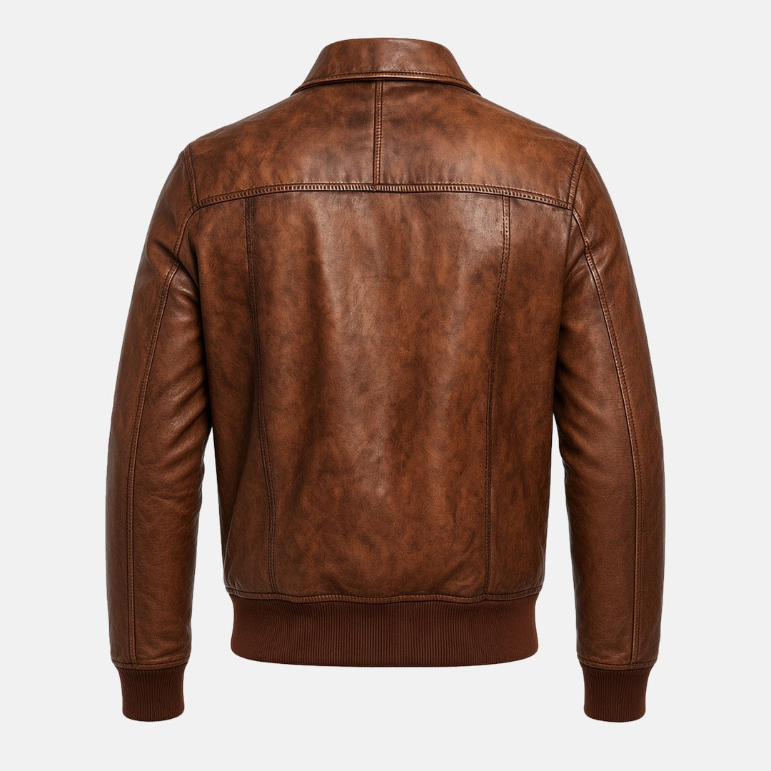 Men's Vintage Distressed Brown Leather Bomber Jacket, back view