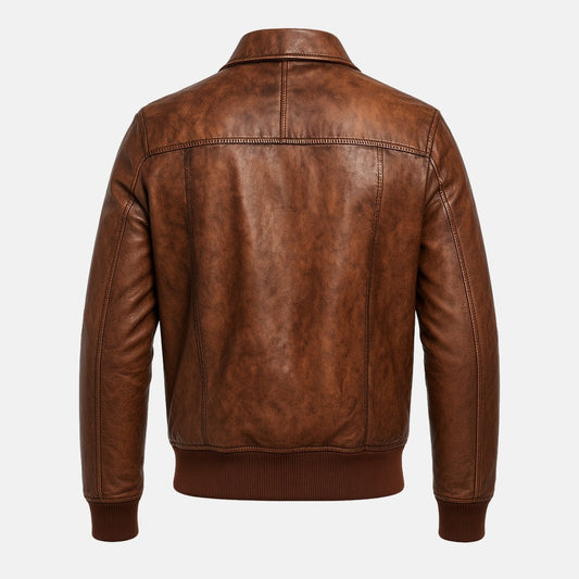Men's Vintage Distressed Brown Leather Bomber Jacket, back view