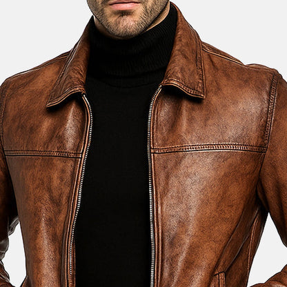 Men's Vintage Distressed Brown Leather Bomber Jacket, close-up of collar and zip
