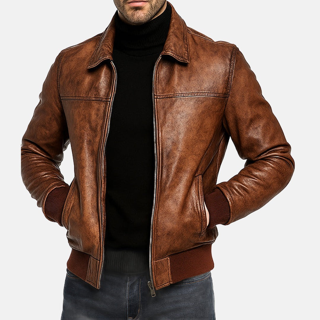 Men's Vintage Distressed Brown Leather Bomber Jacket, front view on model