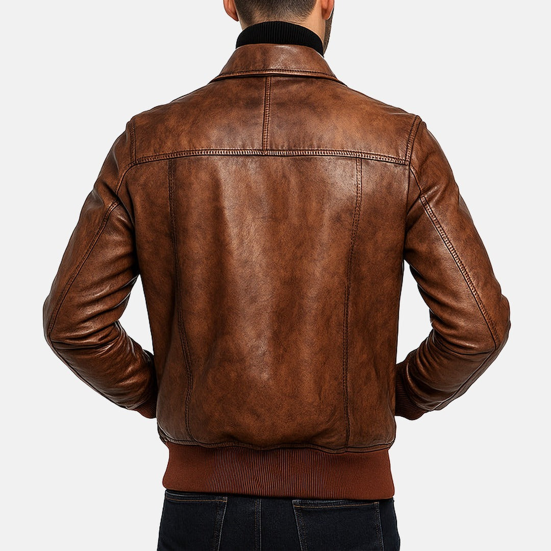 Men's Vintage Distressed Brown Leather Bomber Jacket, back view on model
