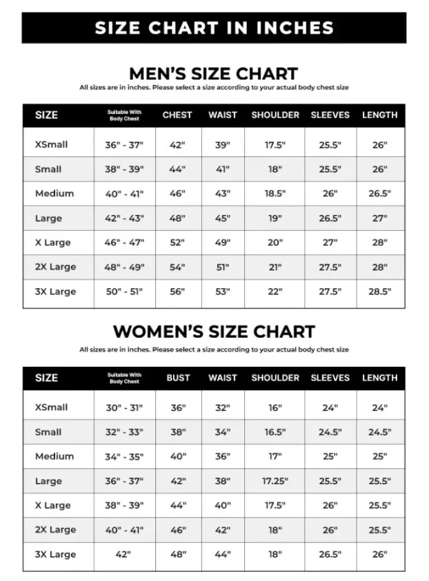 Second Skin Collections size chart in inches for men and women, sizes XS to 3XL
